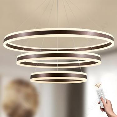 Imagem de Luminária pendente LED redonda regulável, 3 anéis, lustre marrom com controle remoto, altura ajustável, luminária de teto para hall de entrada, sala de estar, quarto, cozinha, ilha (Ø60+80+1