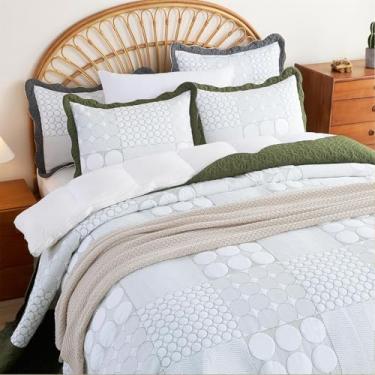 Imagem de Conjunto de colcha king size verde-oliva - 104 x 90 cal King com 2 fronhas - edredom de cama bordado xadrez requintado para todas as estações - cobertor leve