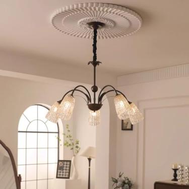 Imagem de Lustre moderno de meados do século com 5 luzes para hall de entrada, cilindro de bronze esfregado a óleo, vidro nervurado, luminária pendente de teto vintage para cozinha, ilha, mesa de jant