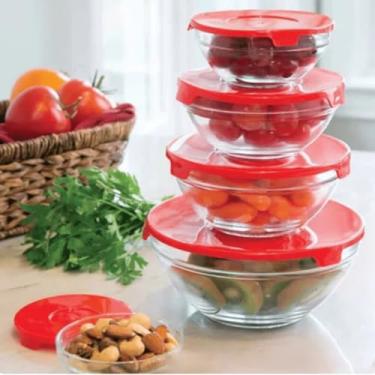 Imagem de Conjunto 5 Potes de Vidro com Tampa Vermelha, Redondos, Herméticos, Empilháveis, para Alimentos, 135ml a 1000ml, Resistentes ao Micro-ondas e Freezer