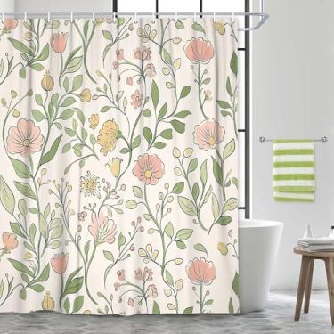 Imagem de Cortina de chuveiro floral Boho Farmhouse, vintage, delicada, rosa, amarelo e folhas verdes, estampa de poliéster, conjunto de cortinas à prova d'água com ganchos, cortinas decorativas para banheiro e