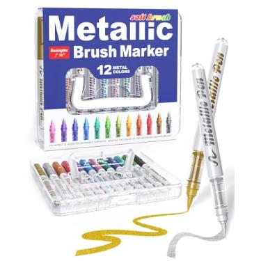 Imagem de Guangna Canetas marcadoras metálicas, marcadores de tinta acrílica com ponta de pincel de 12 cores para papel preto, scrapbooking, pintura rupestre, artes e artesanato faça você mesmo, vidro, madeira