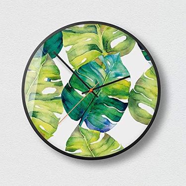 Imagem de Relógio de parede silencioso moderno, moldura preta de metal fosco circular de 30,5 cm, operado por bateria, plantas artísticas para quarto, decoração de sala de estar, B, 35,5 cm