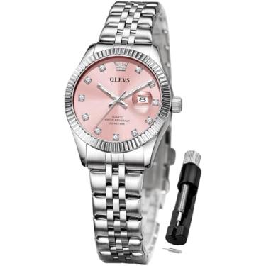 Imagem de OLEVS Relógios femininos para negócios, vestido feminino, para relógio de pulso pequeno, dourado, prateado, pulseira de aço inoxidável, analógico, quartzo, dia, data, à prova d'água, relógios