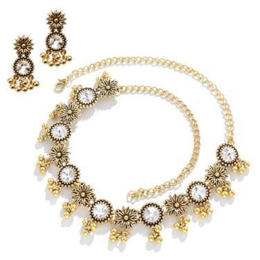 Imagem de CZMZHFC Conjuntos de joias indianas para mulheres, colar gargantilha oxidada estilo Bollywood, brincos Maang Tikka e Jhumka, conjunto de joias de casamento delicadas, presentes tradicionais de templo