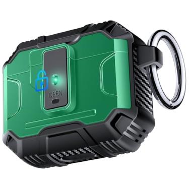 Imagem de Capa Amoured AutoPOP para AirPods 4ª geração com trava e chaveiro, proteção resistente de 360° e mecanismo de abertura de 1-clique, compatível com capa de bloqueio MagSafe AirPods 4 - Verde escuro
