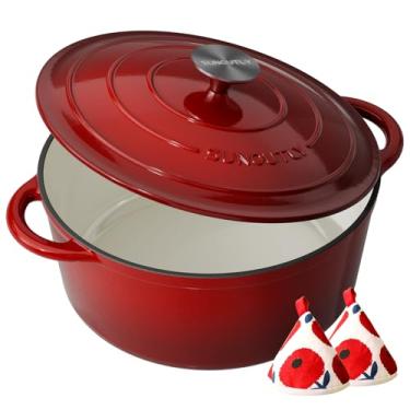 Imagem de Forno holandês de ferro fundido esmaltado - pote de 6 litros com tampa livro de receitas e pegadores de panela de algodão