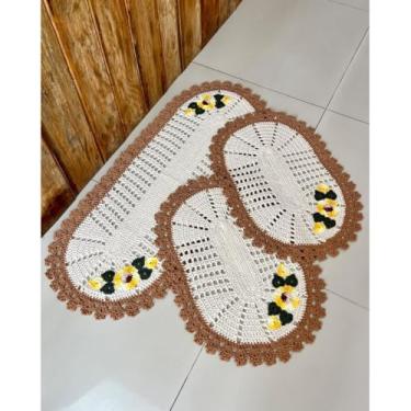 Imagem de Kit Tapete e Passadeira Cozinha Oval 3 Peças Cristal Bordado (Ferrugem)