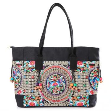 Imagem de Bolsas femininas de lona Phoenix com lantejoulas bordadas, elegantes e casuais, com pingentes decorativos vintage, Bordados - flores, One Size, Retrô
