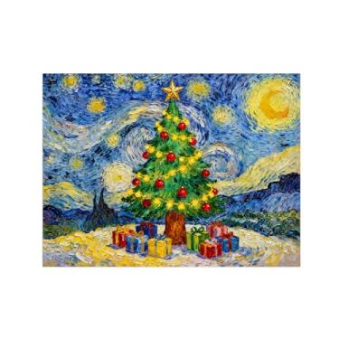 Imagem de Pinturas em tela Natal-Quadros Decoração de Parede-Árvore sinos tema noite estrelada-Inverno Paisagens Impressões para Sala de Estar 60x80cm Sem Moldura