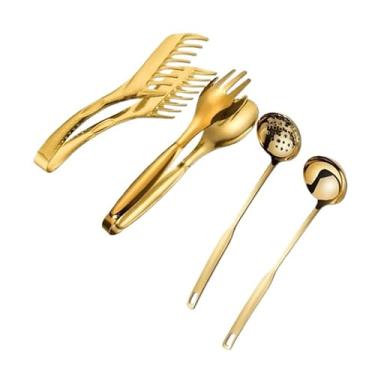 Imagem de Kit Talheres Inox 4 Peças Dourado – Pinça, Colher e Escorredor para Cozinha e Jantar