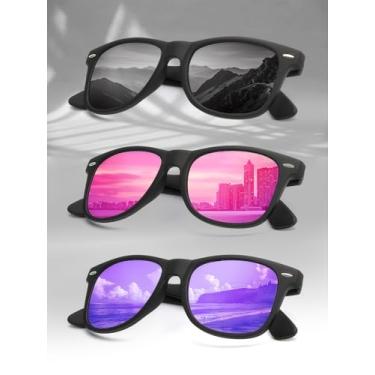 Imagem de Óculos de sol polarizados para homens e mulheres, acabamento fosco, lentes espelhadas coloridas (pacote com 3), Preto/Rosa/Roxo