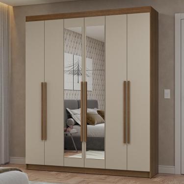 Imagem de Guarda-Roupa Casal 6 Portas Batentes com Espelho Rustic/Crema/Rustic Netuno Madesa