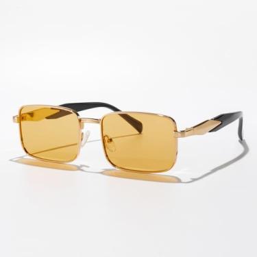 Imagem de Óculos de sol quadrados modernos com ponte de metal retrô unissex para dirigir, viajar, uso diário estiloso UV400, Armação dourada/lente amarela, Lens Width: 55 Millimeters
