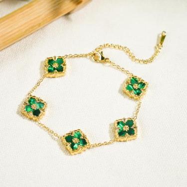 Imagem de Pulseira feminina de trevo de quatro folhas banhada a ouro de aço inoxidável folha verde pulseira de elos de ouro joia moderna presente, One Size, Liga de aço, Sem Pedra Preciosa