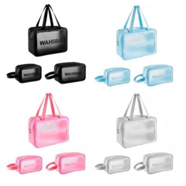 Imagem de Kit Organizador de Necessaire Transparente, 3 Peças, Impermeável para Maquiagem e Viagem, Disponível em Preto, Branco, Rosa e Azul