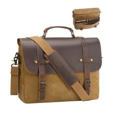 Imagem de Bolsa mensageiro masculina de lona encerada 15,6 polegadas vintage couro genuíno para computador laptop bolsas à prova d'água bolsa de ombro para trabalho/negócios/escritório