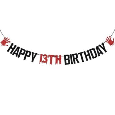 Imagem de Faixa preta com glitter Killer Happy 13th Birthday Banner, Halloween Zombie Vampire Bloody Friday Birthday Decor, Horror Themed 13th Birthday Party Decorações Suprimentos