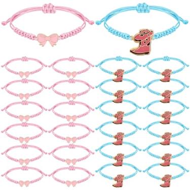 Imagem de Kigeli Pacote com 24 pulseiras trançadas reveladoras de gênero para presente a granel corda ajustável bota azul trançada e laço coquete rosa lembrancinhas de festa de chá de bebê para brinde de amigos