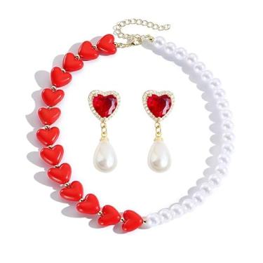 Imagem de ONLYJUMP 2 pares de brincos de colar de coração vermelho para mulheres elegantes colares gargantilha coração pérola moda festa de casamento formatura noiva presente de dama de honra, Large, Liga de