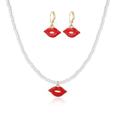 Imagem de ONLYJUMP Conjunto de 2 pares de brincos de colar de coração de pérola para mulheres, colar delicado com pingente de pérola, laço de coração vermelho, flor, lábio, argola, joias, festa de casamento