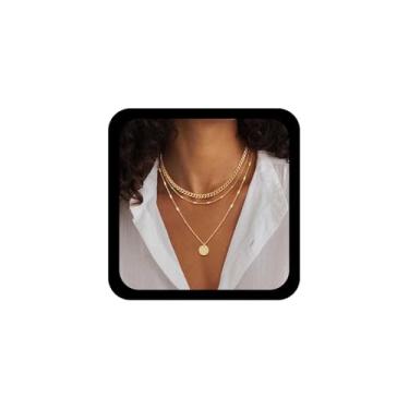 Imagem de Allereyae Colar de moedas vintage em camadas com disco dourado, colar com pingente de disco redondo, corrente de meio-fio, gargantilha geométrica, joia feminina, Zinco, Sem Pedra Preciosa
