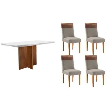 Imagem de Conjunto Sala de Jantar Berlim c/ Tampo Madeirado c/ Vidro Canto Curvo 120x80cm e 4 Cadeiras Jaspe Madeira Maciça Naturale/Off White - Capuccino/Suede