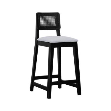 Imagem de Banqueta Gabi Madeira Maciça Encosto C- Telinha C- 68cm Altura - Preto Assento Estofado Linho Bege Mescla Impermeável