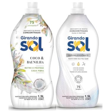 Imagem de Kit Amaciante Concentrado Girando Sol 1,5L Coco e Baunilha Hipoalergênico Roupas Macias Cheiro Suave e Duradouro Rende 150 Lavagens