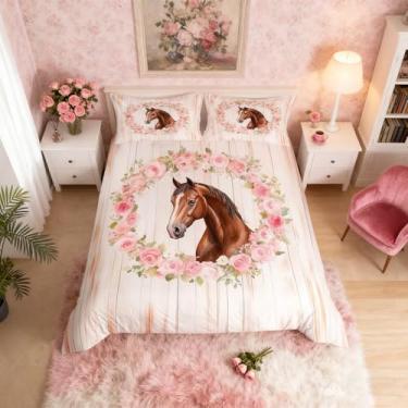 Imagem de Erosebridal Conjunto de capa de edredom rústico com cavalo rústica, para crianças, meninas, vintage, retrô, flores, grinalda, rosa, decoração de quarto, casa de fazenda, celeiro, animais de fazenda
