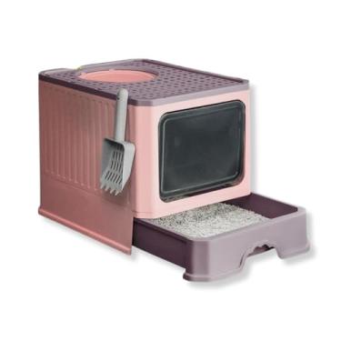 Imagem de Caixa de Areia Fechada para Gatos 50×40×40 cm | Design Moderno, Porta Dupla Transparente, Gaveta Deslizante, Antiodor, Antirrespingos | Conforto para Gatos Grandes e Pequenos (Rosa)