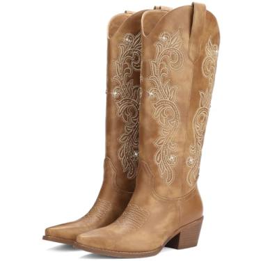 Imagem de ReneChristine Botas de cowboy femininas cano alto até o joelho com strass bordado requintado perfeitas para roupas de festa à noite marrom tamanho 11