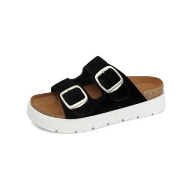 Imagem de Gengzai Sandálias femininas de couro genuíno com plataforma confortável para verão e praia com fivela dupla ajustável, Camurça preta, 40