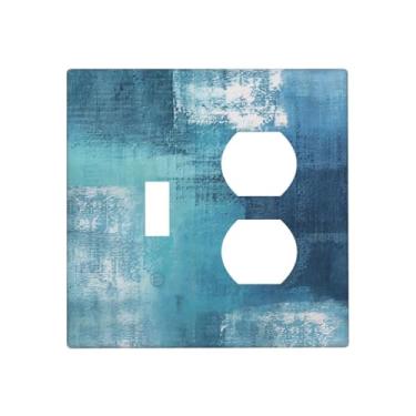 Imagem de JDAKHD Placa de parede moderna abstrata azul-petróleo decorativa 2 gangs e placa de parede estilo country grunge design grafite 1 interruptor + 1 capa de saída para bancadas de cozinha e escritório em