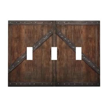 Imagem de JDAKHD Placa de cobertura de interruptor de luz de madeira rústica vintage 3 gangues placa de parede decorativa de madeira casa de fazenda porta de celeiro placa de interruptor triplo placa elétrica