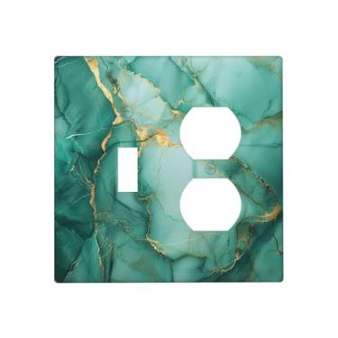 Imagem de DWBGUO Capas de tomada decorativas com textura de mármore de pedra preciosa verde turquesa dourada 2 placas de parede de interruptor de luz dupla com interruptor de luz para decoração de banheiro e