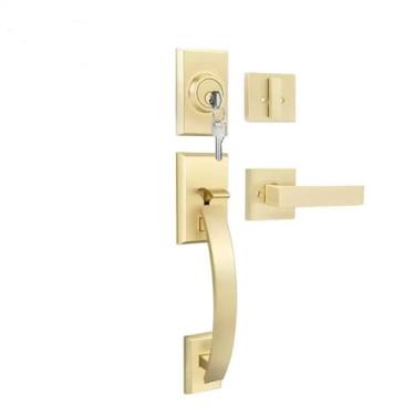 Imagem de SUYA Conjunto de fechadura de porta frontal resistente com fechadura de cilindro único e maçaneta - reversível para portas internas/externas esquerda/direita - acabamento dourado acetinado