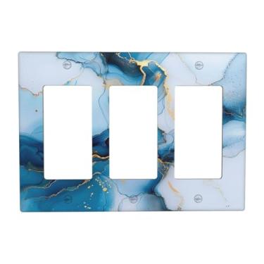 Imagem de SGEDAO Capas decorativas modernas abstratas azul dourado linha mármore 3 gangues placa de parede triplo interruptor de luz interruptor de luz jumbo placa frontal elétrica GFCI para cozinha, quarto