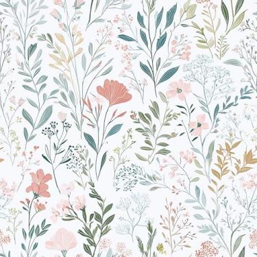Imagem de Froluya Papel de parede floral floral boho papel de parede floral 43 cm x 499 cm flores silvestres autoadesivo removível papel de contato folha de flor papel de parede descascar e colar para banheiro