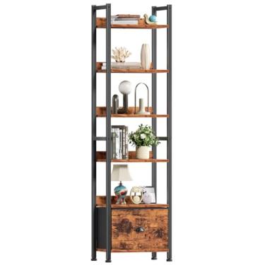 Imagem de Furologee Estante de livros de 6 camadas, prateleira alta com gaveta, organizador de armazenamento de estantes de madeira e metal, estante de exibição industrial para quarto, sala de estar, escritório