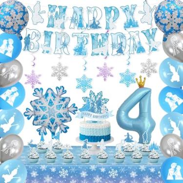 Imagem de Frozen 4th Birthday Party Decorations Kit - blue Silver Winter Wonderland Birthday Decorations Crown Number 4 Balloon Banner Snowflake Cake Topper Tablecloth for Boy Girls baby shower decor