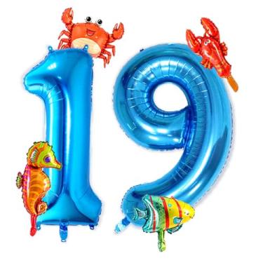 Imagem de Wuhetyo Balão azul número 19 de 101 cm, balão de alumínio animal oceânico, 5 mini balões de animais marinhos fofos sob os peixes para meninos e meninas do 19º aniversário decoração de festa de