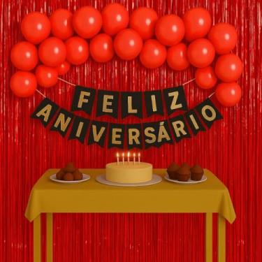 Imagem de Kit Feliz Aniversário Completo com Balões Metalizados Faixa e Cortina – Decoração para Festa Infantil e Adulto (Vermelho)
