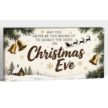 Imagem de KISTIKAT Arte de parede em tela de véspera de Natal, pintura de impressão de trenó de rena de Papai Noel, pinheiros com pôster de sino dourado, imagem de cabine vintage para decoração de quarto de