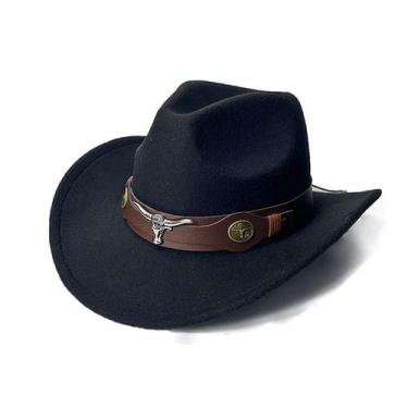 Imagem de Chapéu de cowboy de feltro preto com pulseira de couro de cabeça de to