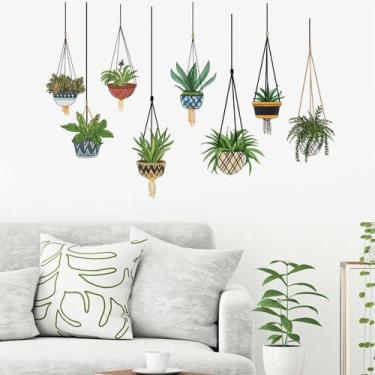 Imagem de Adesivos de parede, cesta suspensa, planta, vegetação desenhada à mão,