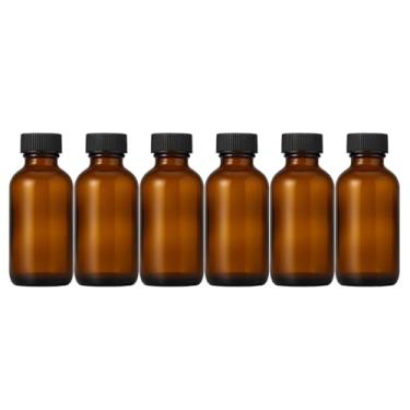 Imagem de 6 pacotes de frascos redondos Boston de vidro âmbar de 60 ml com tampas pretas, recipientes vazios recarregáveis, frascos de vidro de armazenamento líquido de 59 g para óleos essenciais, soros