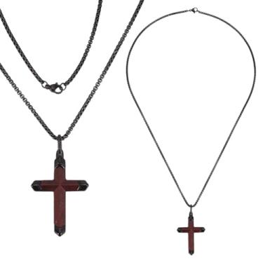Imagem de UNICRAFTALE 2 colares masculinos de cruz de madeira de 50 cm com pingente de crucifixo de madeira preta com cruz cristã de aço inoxidável para presentes de joias masculinas