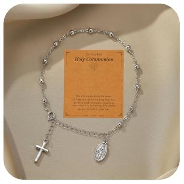 Imagem de Warmhope Pulseira de corrente com pingente de cruz de rosário de ouro 14K ajustável, joia inspirada na fé, para mulheres, empoderamento, aniversário, motivação diária, lembranças de presente