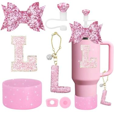 Imagem de YesMvpMvp Conjunto de acessórios de copo Stanley de 7 peças, pingente de letra para copos Stanley, incluindo canudo de diamante, canudo de laço, bota de silicone brilhante para Owala 850 g e 1,134 g